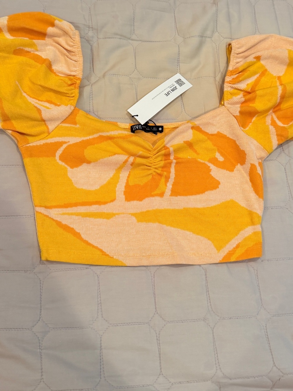 Zara Yellow & Orange Floral Puff-Sleeve Crop Top SMALL